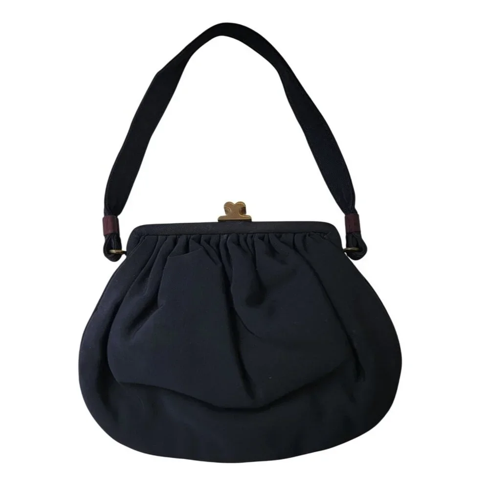 JR USA Vtg Navy Blue Evening Purse Handbag w/ Brass Clasp & Purple Satin Lining - Picture 2 of 9